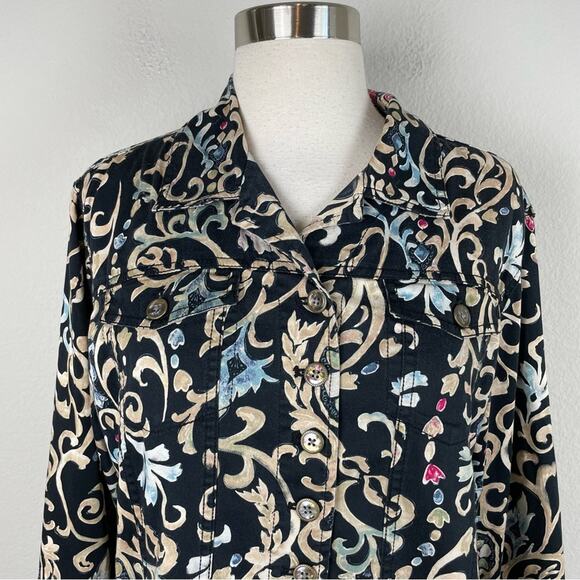 Chico's Black Scroll Print Button Up Cotton Blend Jacket 2 - Picture 2 of 8